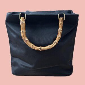 Vintage nylon tote bag curved bamboo handles